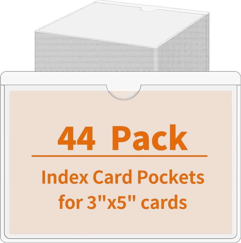 YEESON 44 Pack Labels for Storage Bins, 3×5 Inches Index Card Holder Organizer, Clear Adhesive Pockets, Plastic Label Holders for Tote Library Card Bins Box Drawer Classroom Organization - Image 1